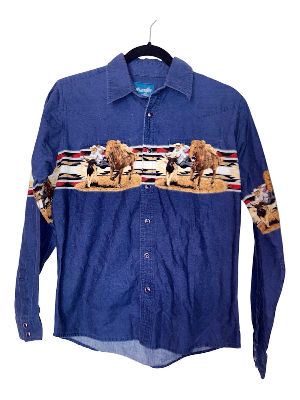 Wrangler Blue Long-Sleeve Western Button-Down with Rodeo Graphic vintage
